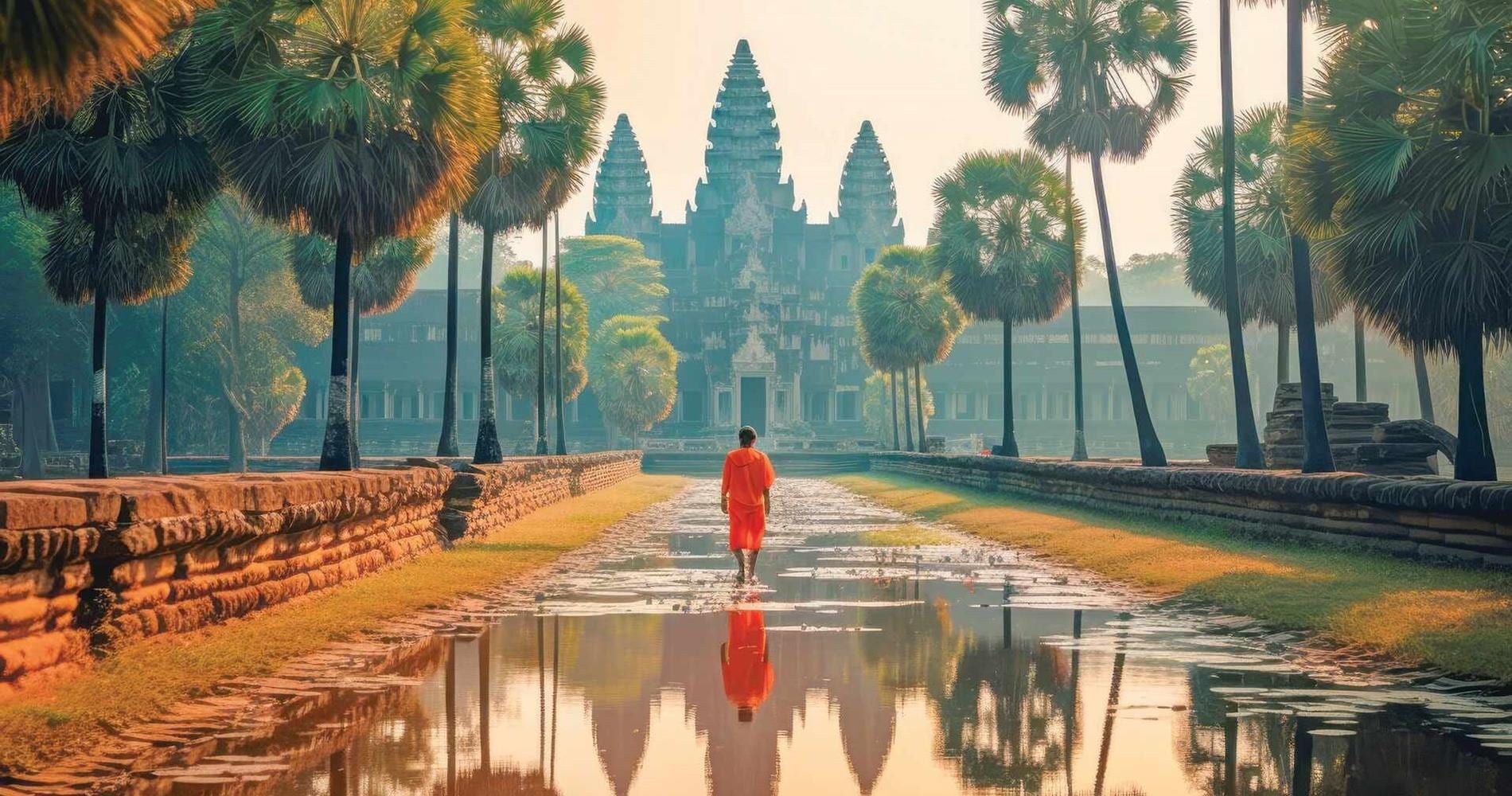 Person walking towards the Angkor Wat Temple, Cambodia