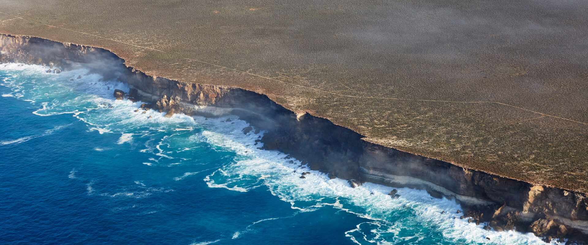 Aerial view of rugged coastline along Australia's Bunda Cliffs, South Australia