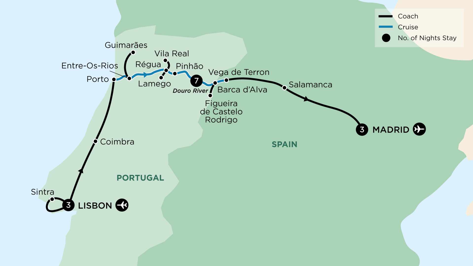 tourhub | APT | Douro Delights with Lisbon and Madrid | Tour Map