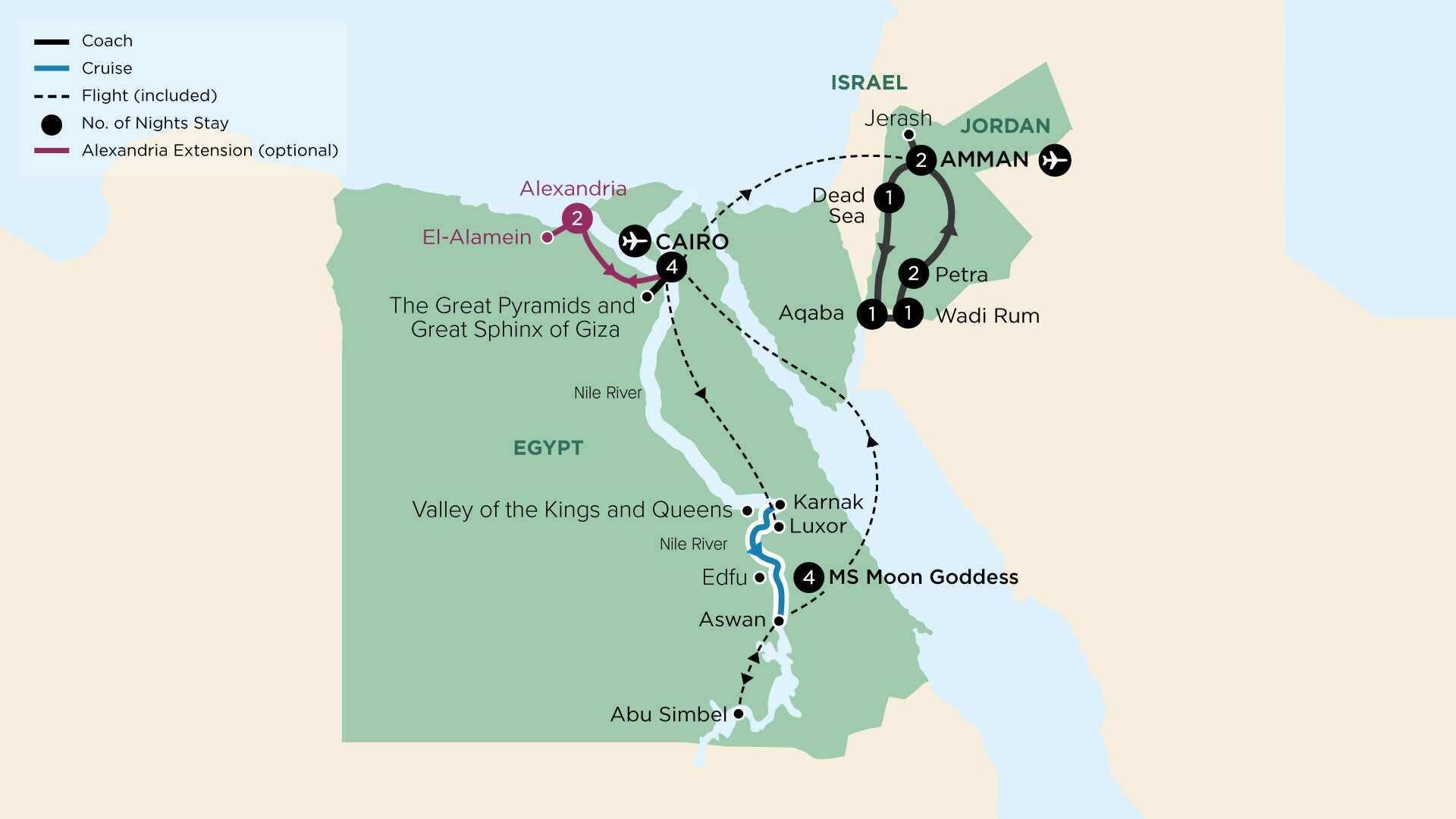 tourhub | APT | Treasures of Egypt and the Nile with Hidden Jordan | Tour Map