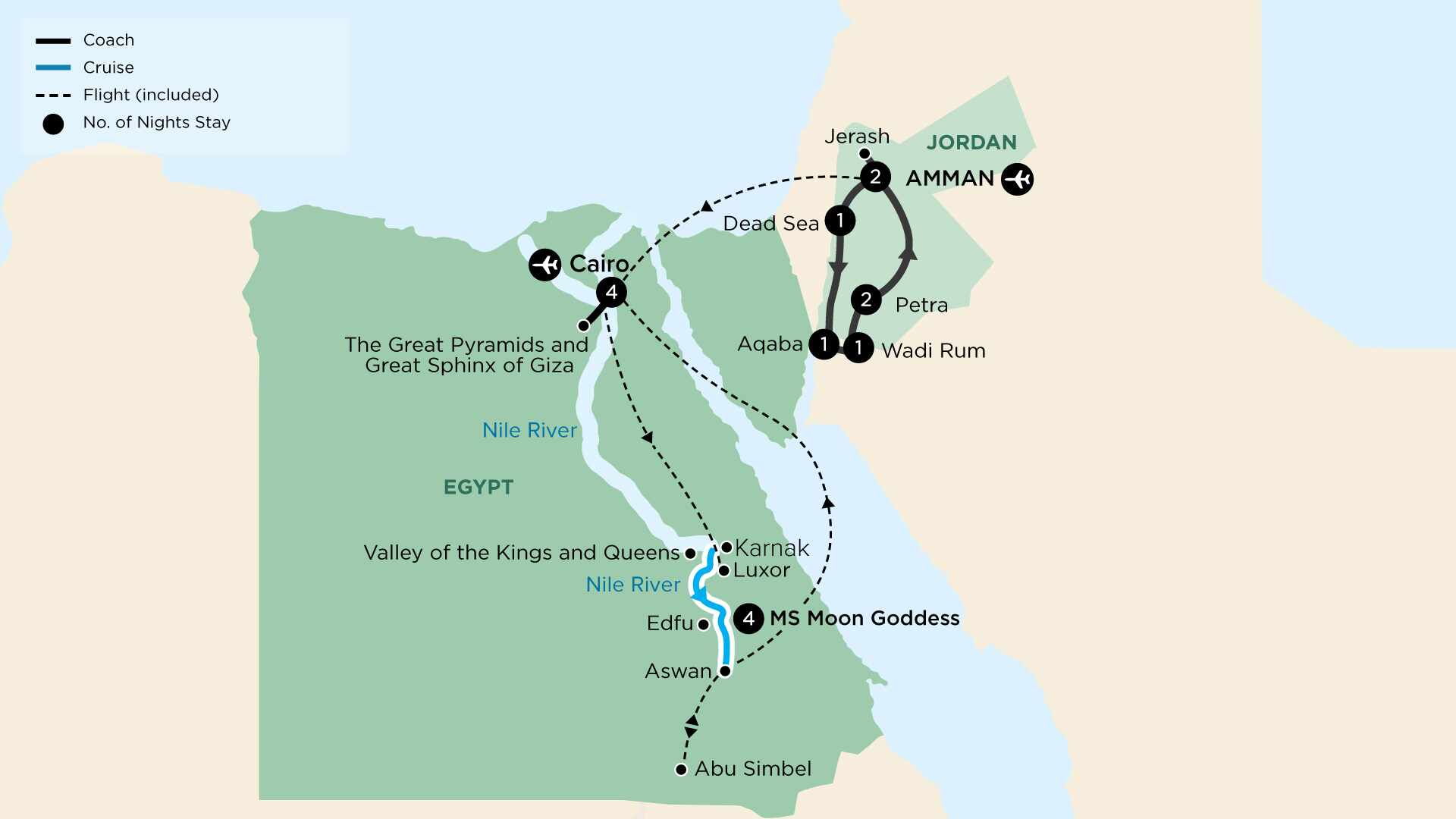 tourhub | APT | Hidden Jordan with Treasures of Egypt and the Nile | Tour Map