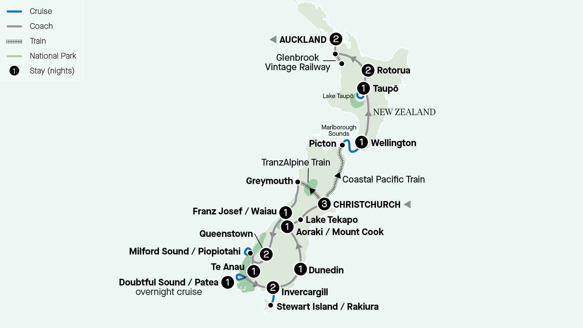 tourhub | APT | New Zealand Rail and Cruise Discovery  | Tour Map