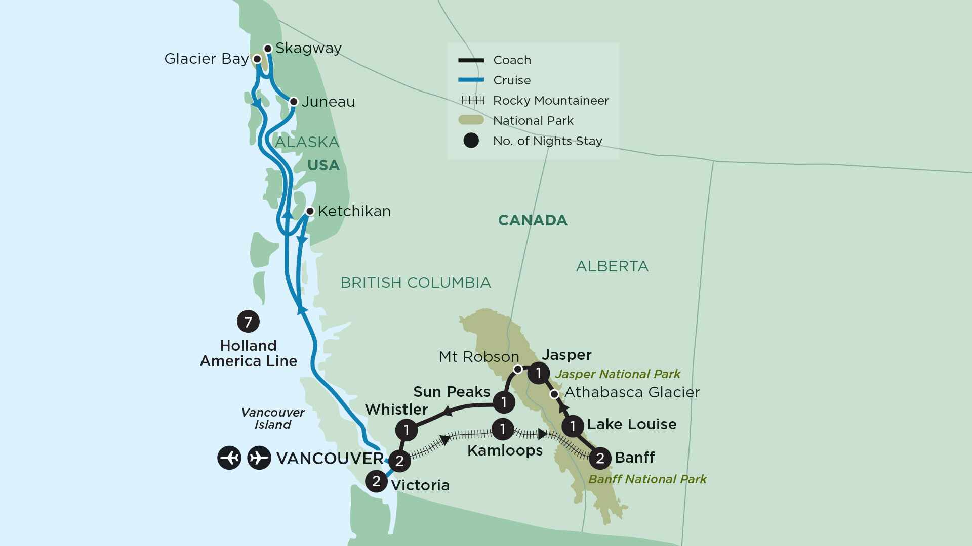 tourhub | APT | Rockies Explorer and Alaska Cruise | Tour Map