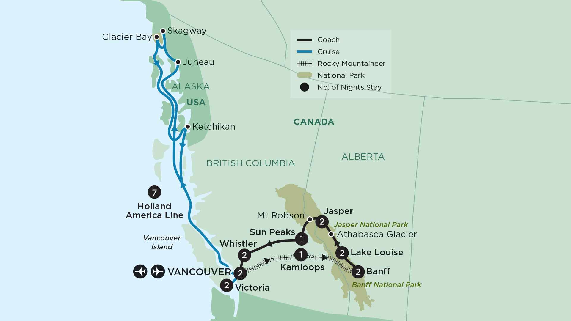 tourhub | APT | Rockies Odyssey and Alaska Cruise | Tour Map