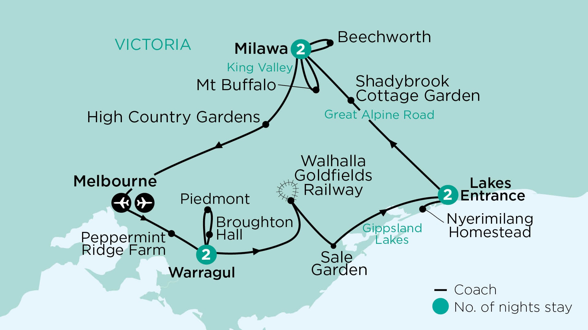 tourhub | APT | Gardens of Gippsland, Goldfields & the Great Alpine Road | Tour Map