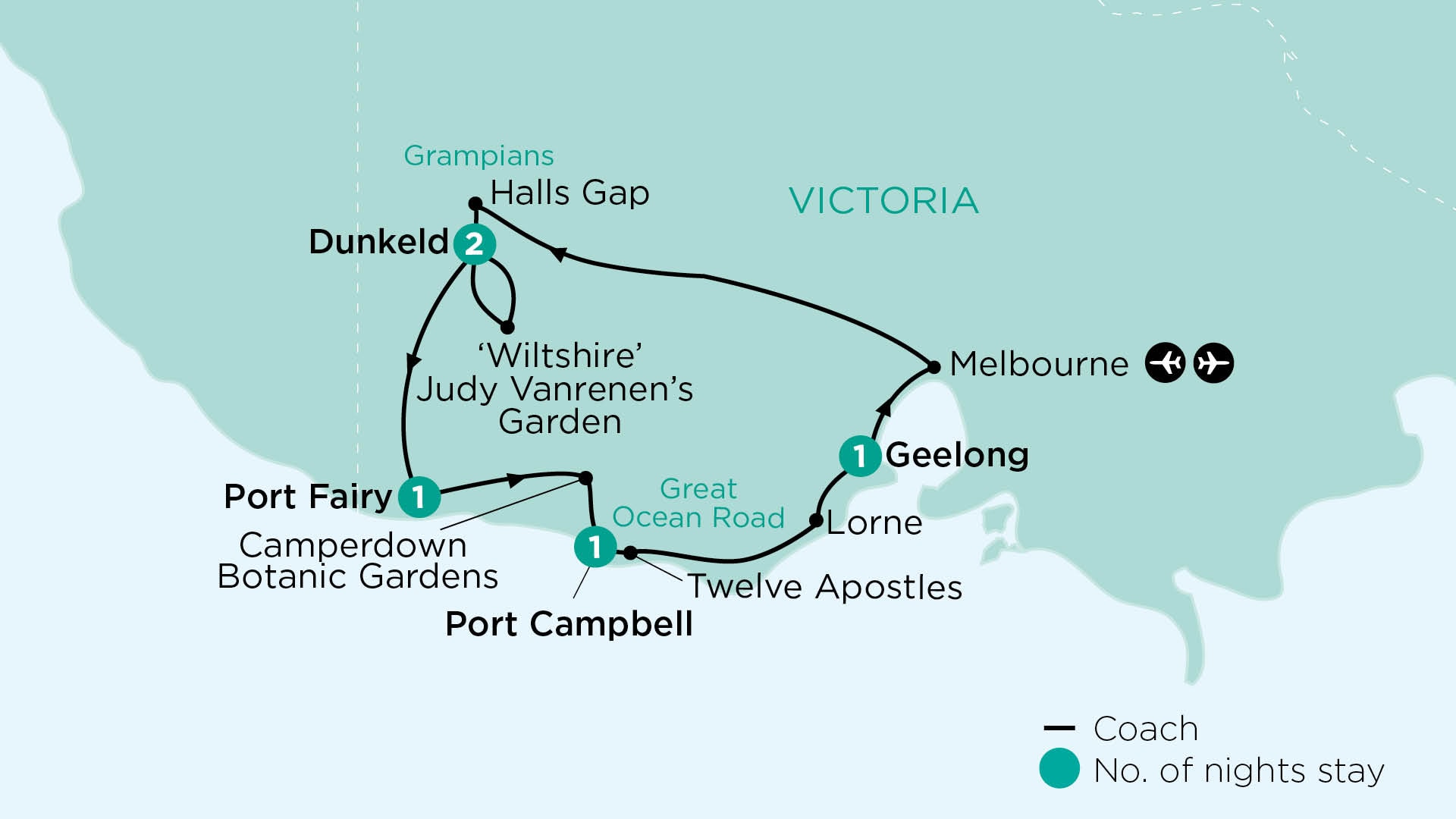 tourhub | APT | Victorian Homesteads & Private Gardens Along the Great Southern Touring Route  | Tour Map