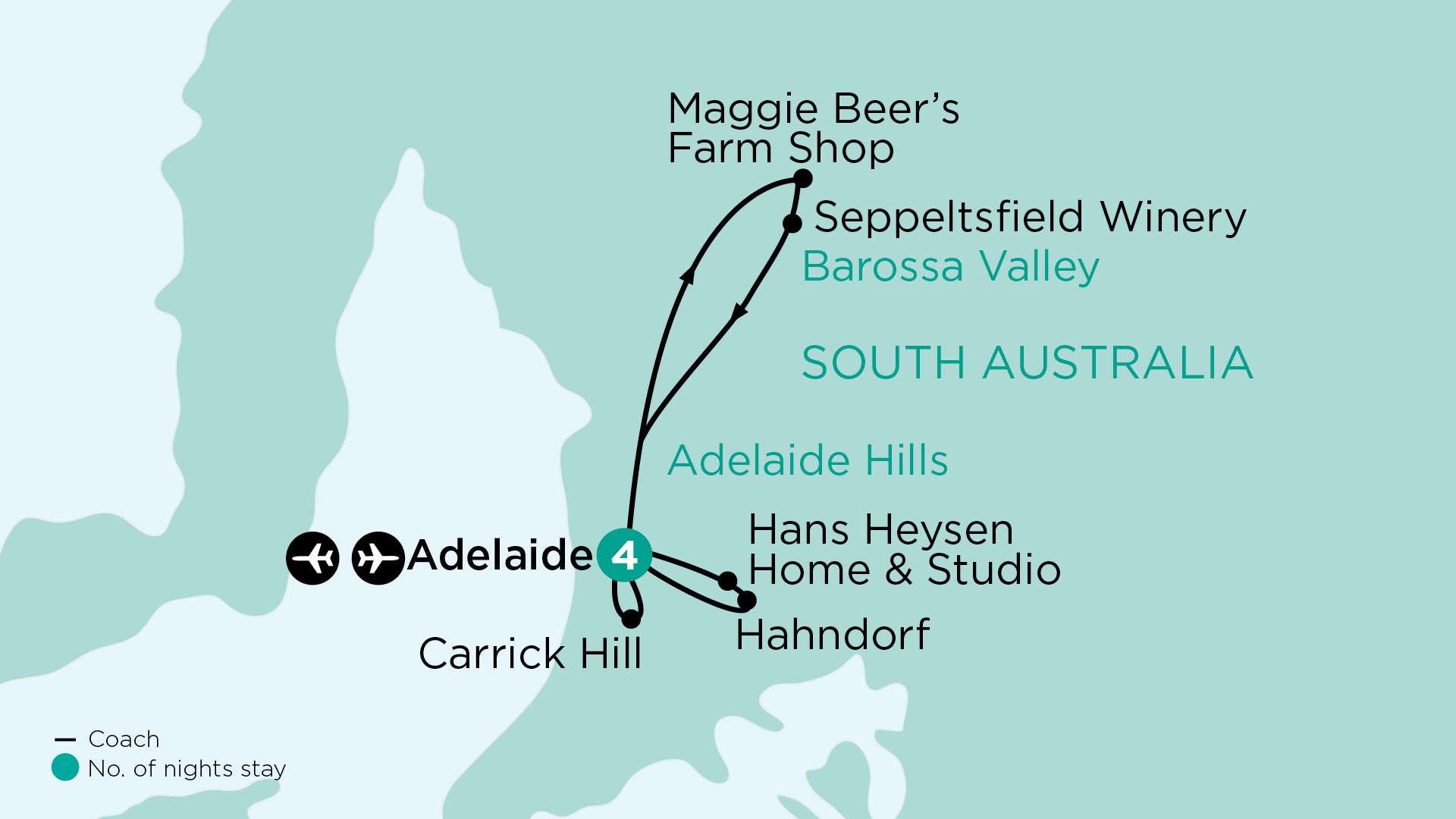tourhub | APT | Heritage, Art & Rose Gardens of South Australia | Tour Map