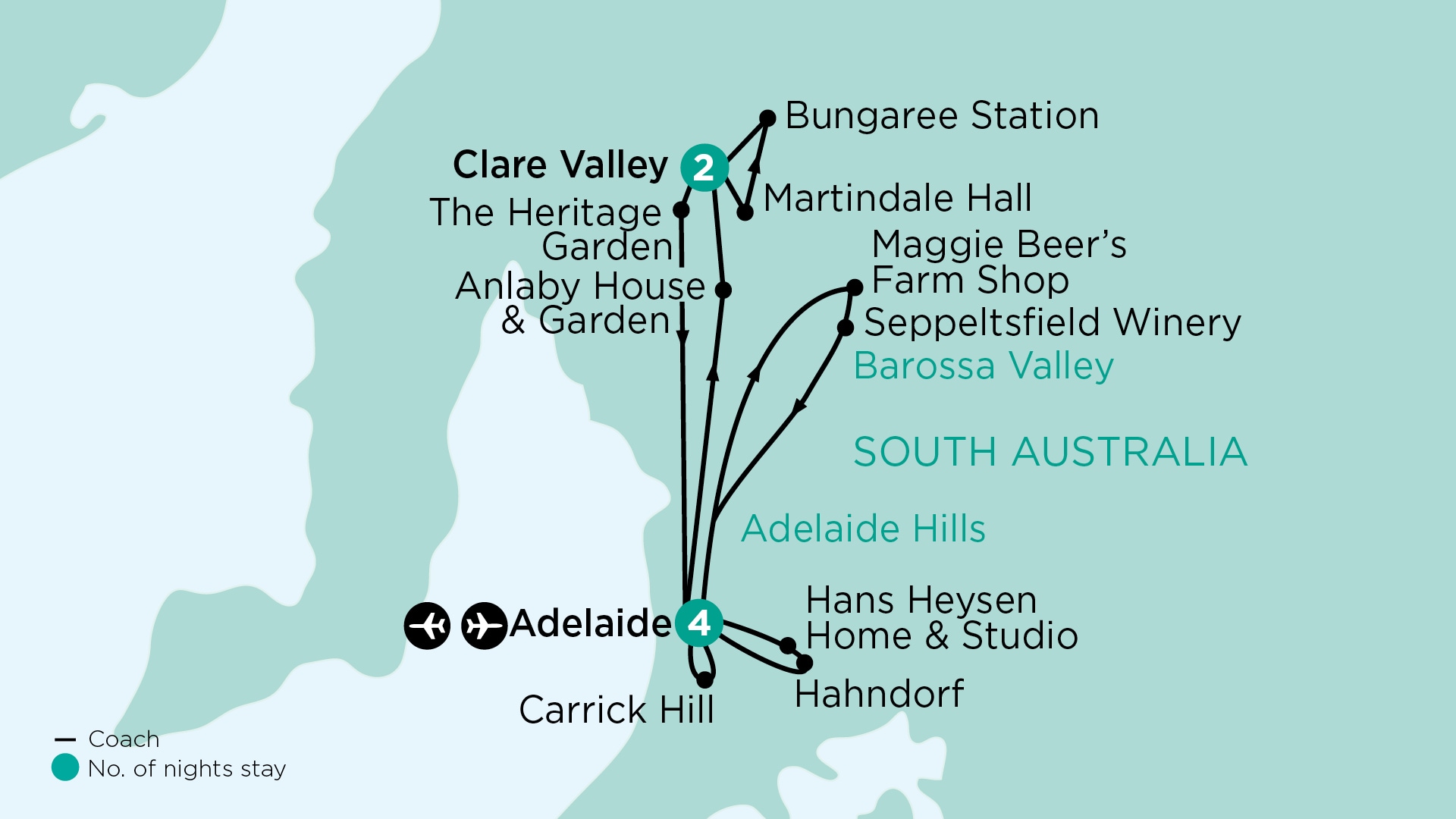 tourhub | APT | Heritage, Art & Rose Gardens of South Australia with Clare Valley | Tour Map