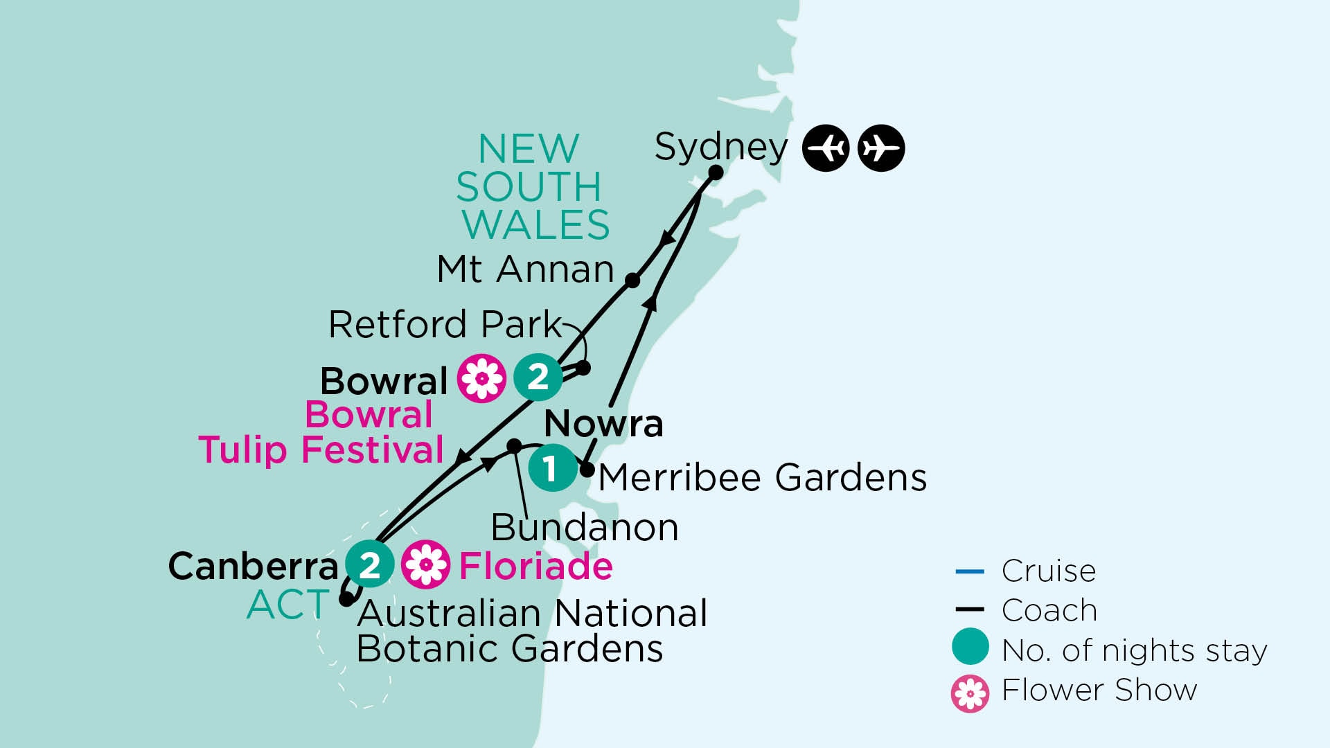 tourhub | APT | Canberra’s Floriade, New South Wales Tulips & Private Gardens in Spring | Tour Map