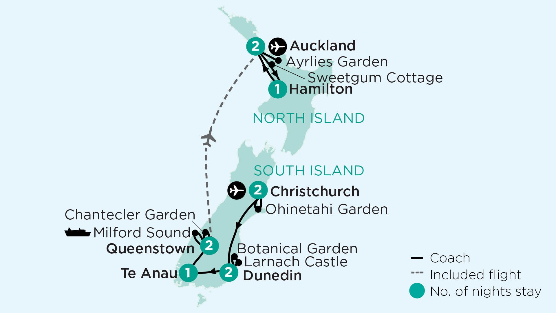 tourhub | APT |  Contrasts of New Zealand’s Gardens & Natural Wonders | Tour Map