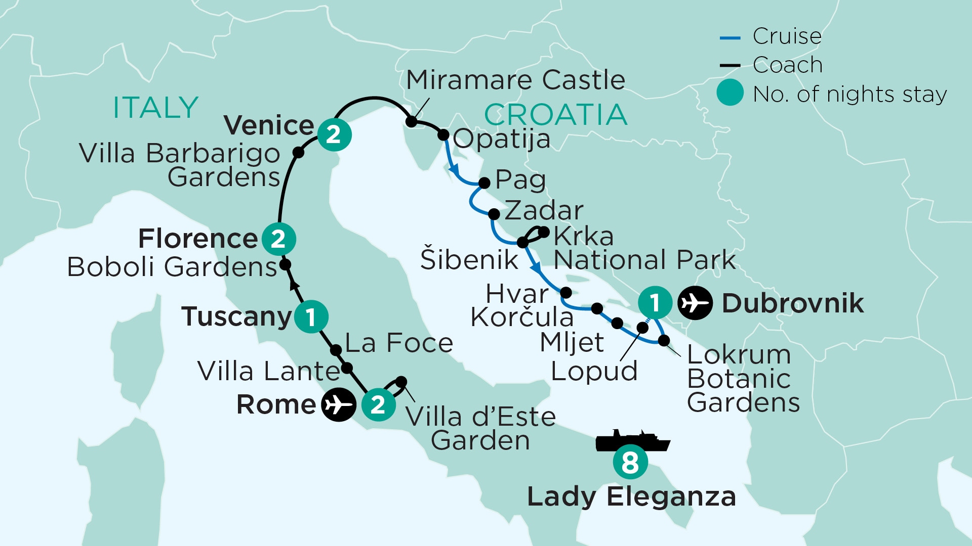 tourhub | APT | In the Footsteps of Monty Don – Italy, Croatia & Adriatic Coast Cruise | Tour Map