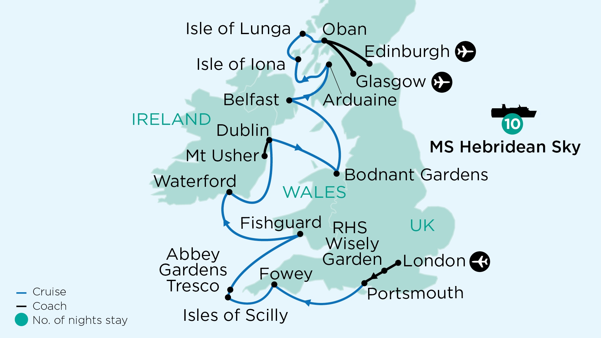 tourhub | APT | Iconic Gardens, History & Birdlife of the United Kingdom Small Ship Cruise | Tour Map