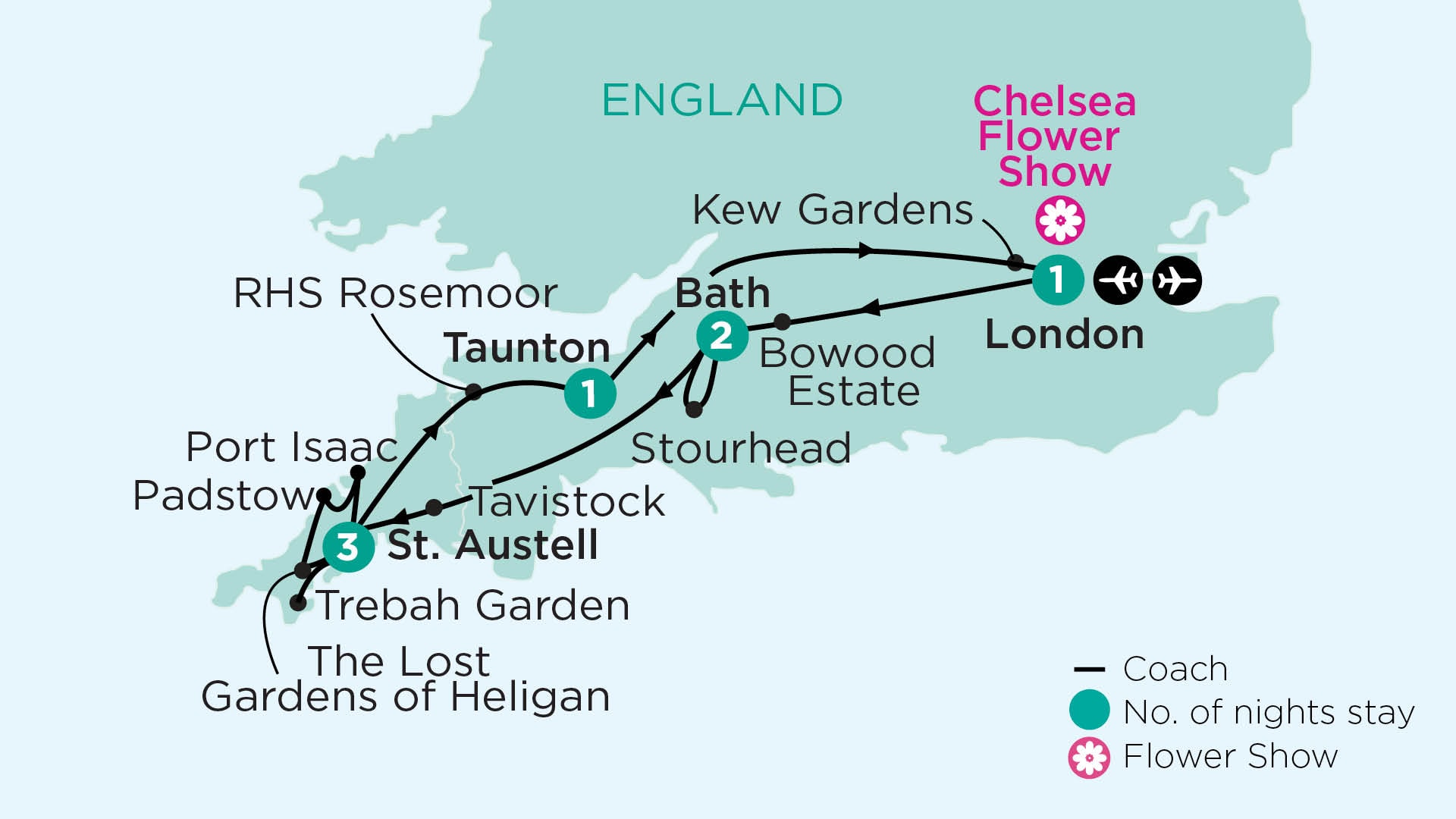 tourhub | APT | Aspects of England, with Somerset, Cornwall and Chelsea Flower Show | Tour Map