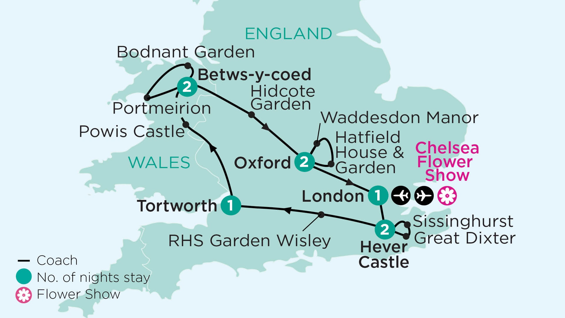 tourhub | APT | Iconic Gardens of England & Wales in Spring, with Chelsea Flower Show | Tour Map
