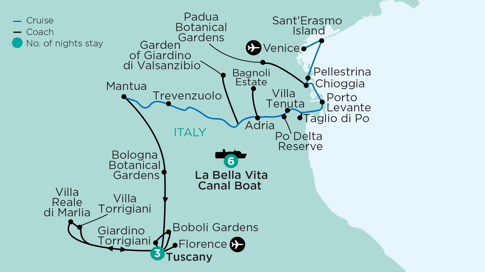 tourhub | APT | Renaissance Gardens of Italy by Canal Boat & Tuscan Landscapes | Tour Map