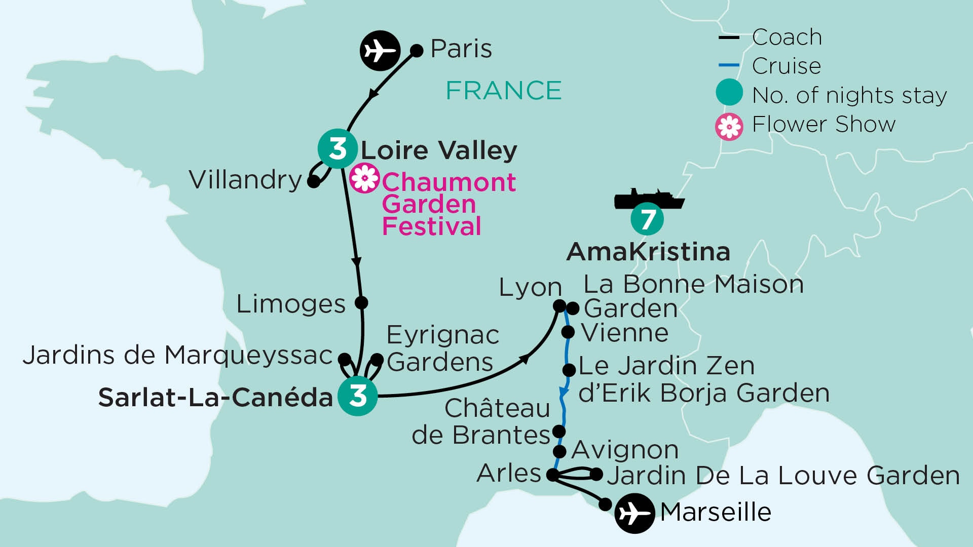 tourhub | APT | French Châteaux, with the Loire Valley, the Dordogne, and A Rhône River Cruise | Tour Map