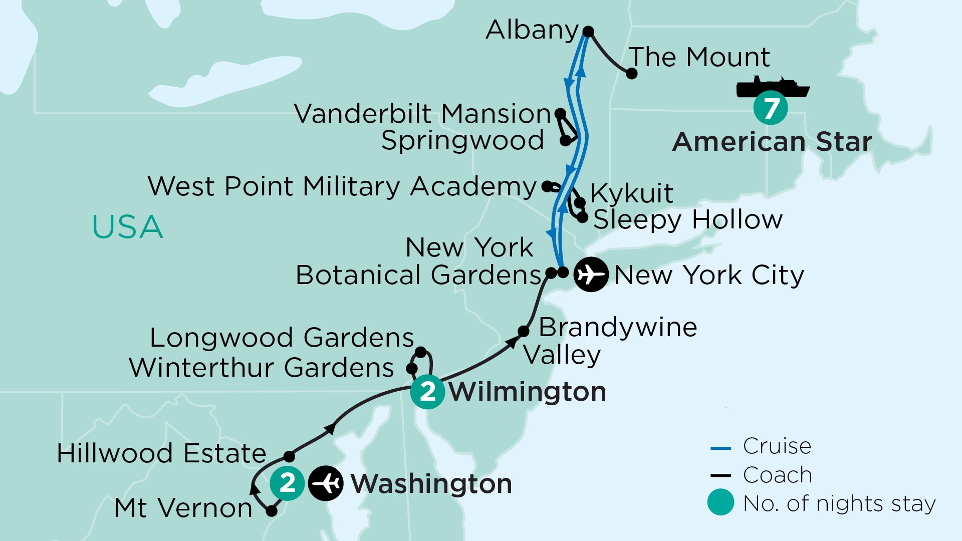 tourhub | APT | Mansions of the Gilded Age, New York & Hudson River Cruise During Fall | Tour Map