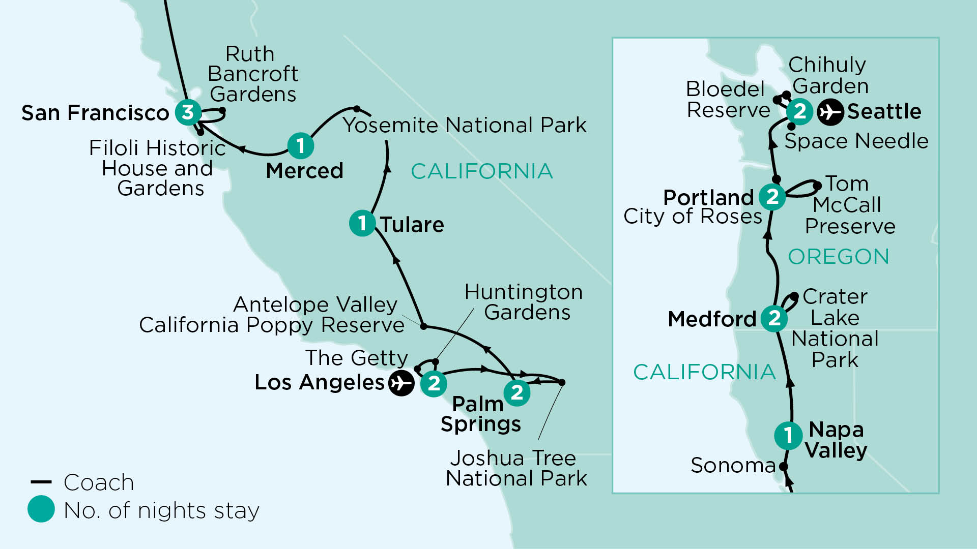 tourhub | APT | California Wildflowers, Desert Gardens and the Pacific Northwest | Tour Map