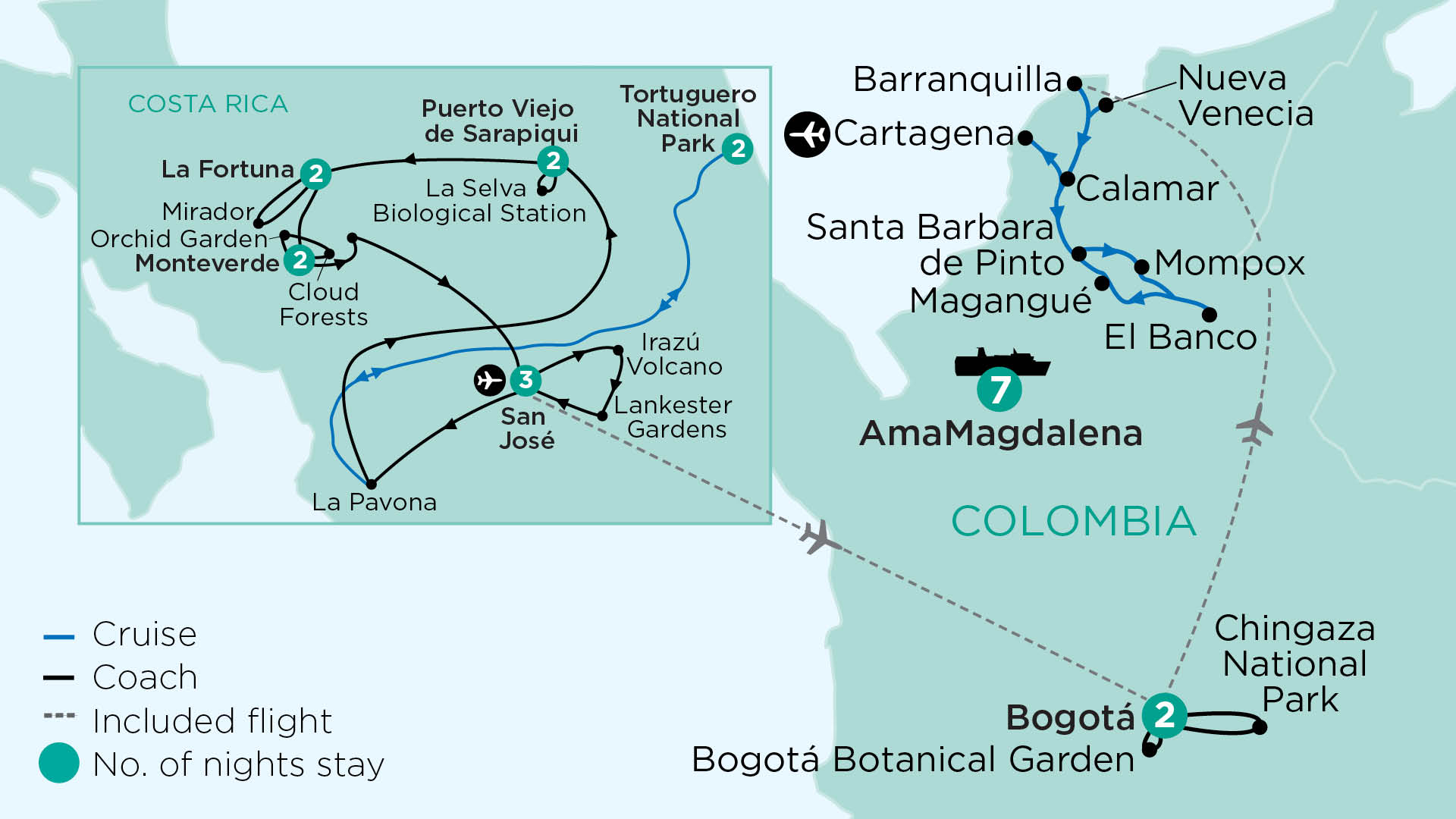 tourhub | APT | Costa Rica’s Forests in the Clouds & A Remote Colombian River Cruise | Tour Map