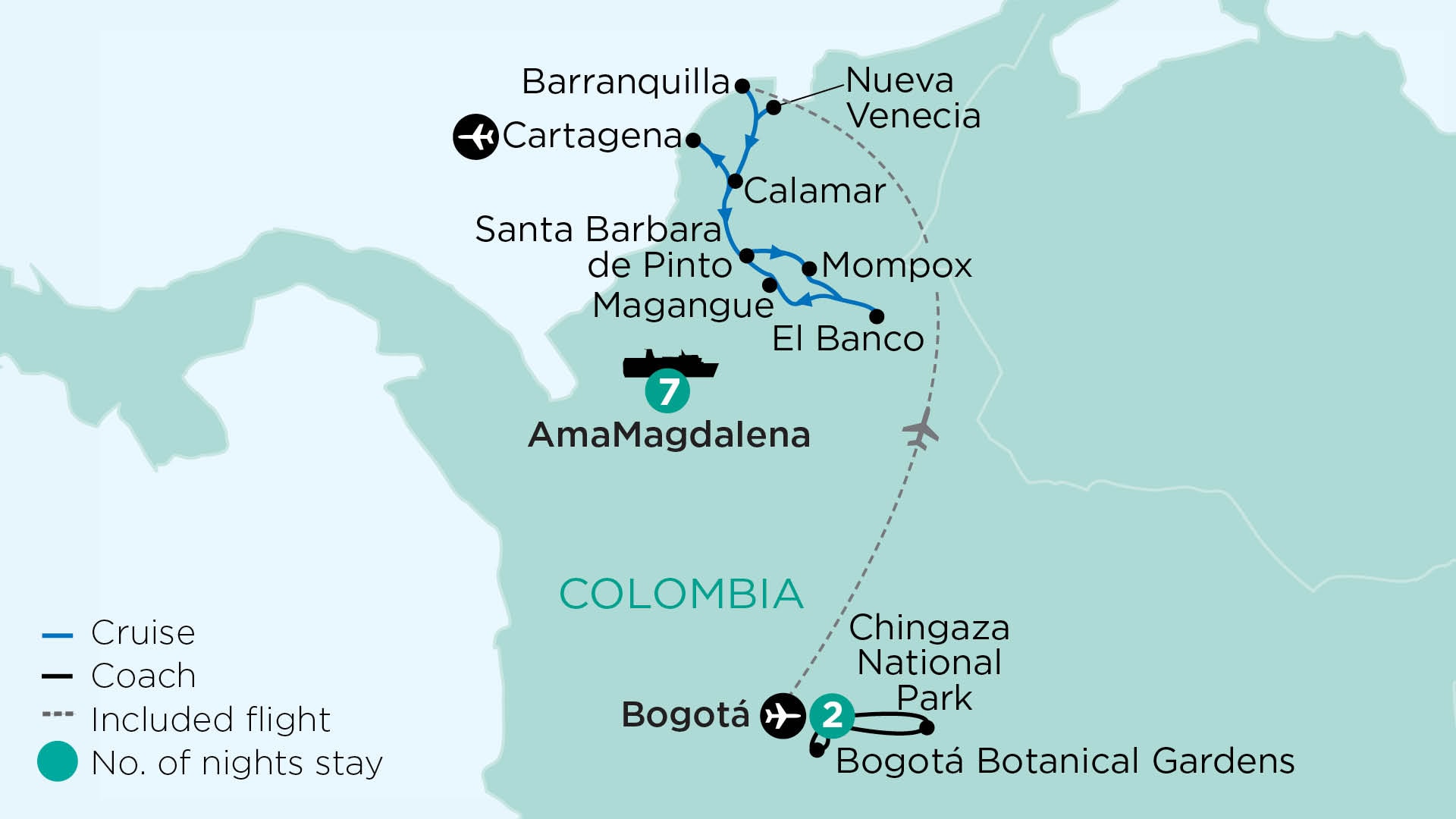 tourhub | APT | A Remote Colombian River Cruise with Colourful Cartagena | Tour Map